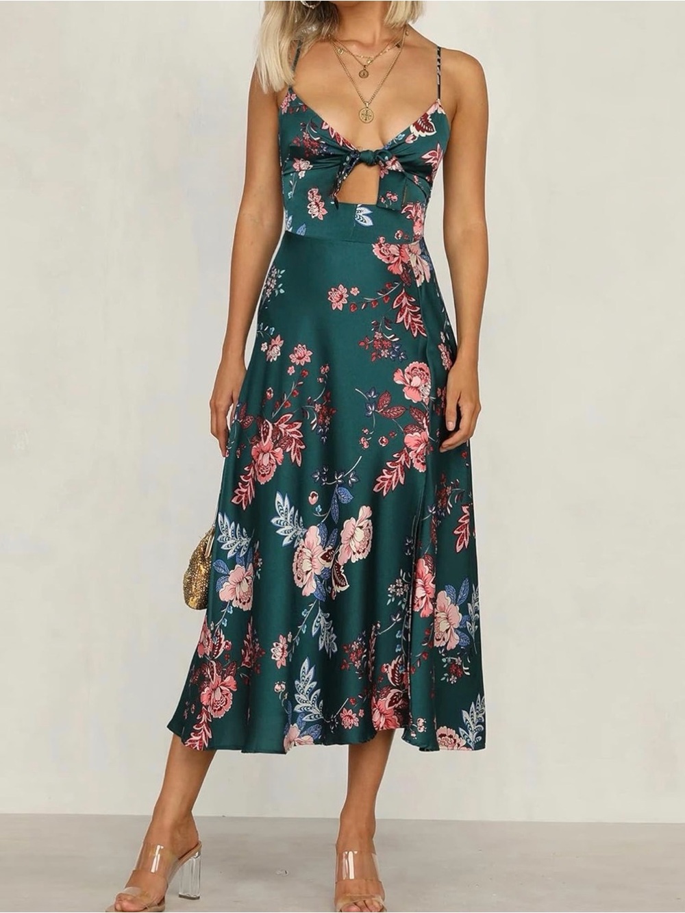 Floral Tie-Front Midi Dress in Dark Green